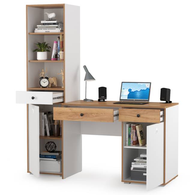 Письменный стол с пеналом Вуди цвет белый премиум/дуб крафт золотой