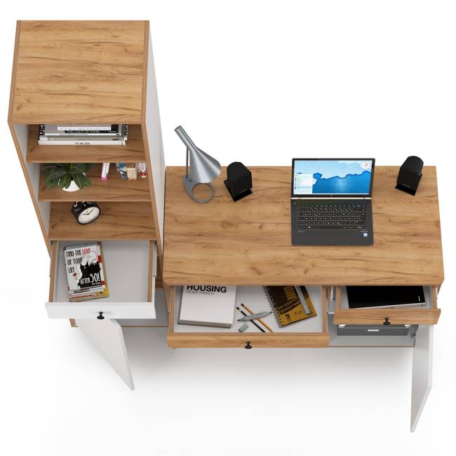 Письменный стол с пеналом Вуди цвет белый премиум/дуб крафт золотой