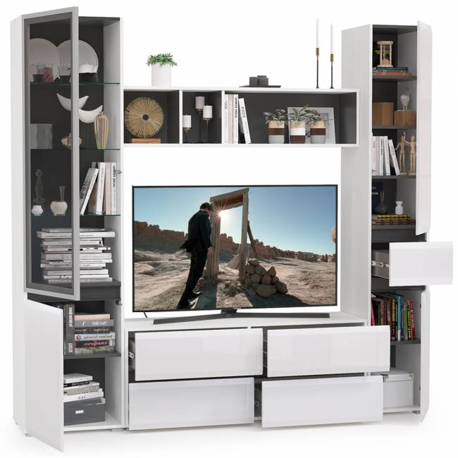 Стенка для гостиной Сидней Комплектация № 23 цвет белый/чёрный/фасады МДФ белый глянец Стенка для гостиной Сидней Комплектация № 23 цвет белый/чёрный/фасады МДФ белый глянец