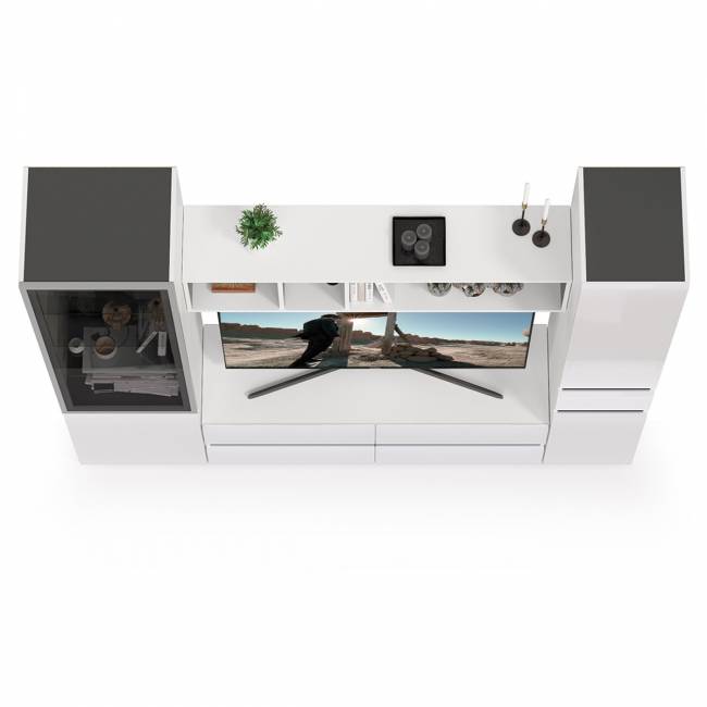 Стенка для гостиной Сидней Комплектация № 23 цвет белый/чёрный/фасады МДФ белый глянец Стенка для гостиной Сидней Комплектация № 23 цвет белый/чёрный/фасады МДФ белый глянец