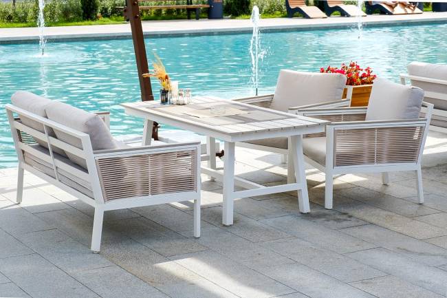 "Сан Ремо" диван 2-местный плетеный из роупа, каркас алюминий белый, роуп бежевый, ткань бежевая