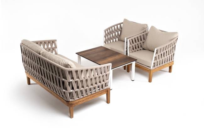 "Диего" лаунж-зона 4-местная плетеная из роупа со столиком "Канны" цвета "дуб", основание дуб, роуп бежевый "Диего" лаунж-зона 4-местная плетеная из роупа со столиком "Канны" цвета "дуб", основание дуб, роуп бежевый