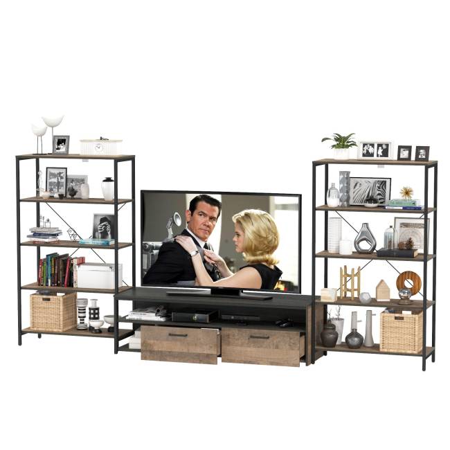 Два открытых стеллажа с полками и ТВ-тумба Трувор цвет дуб гранж песочный/интра Два открытых стеллажа с полками и ТВ-тумба Трувор цвет дуб гранж песочный/интра