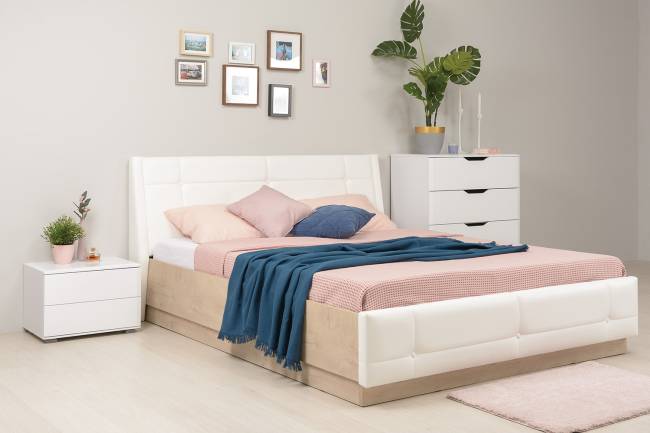 Кровать Муссон с подъёмным ортопедическим основанием цвет дуб эндгрейн элегантный/искусственная кожа белая Кровать Муссон с подъёмным ортопедическим основанием цвет дуб эндгрейн элегантный/искусственная кожа белая