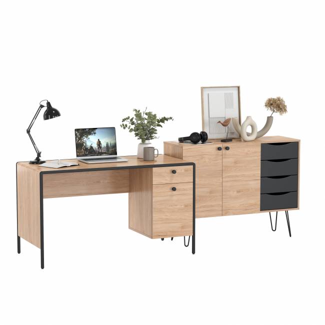 Брюс письменный стол с комодом цвет чёрный/Battle rock Santiago/столешница МДФ ель карпатская Брюс письменный стол с комодом цвет чёрный/Battle rock Santiago/столешница МДФ ель карпатская