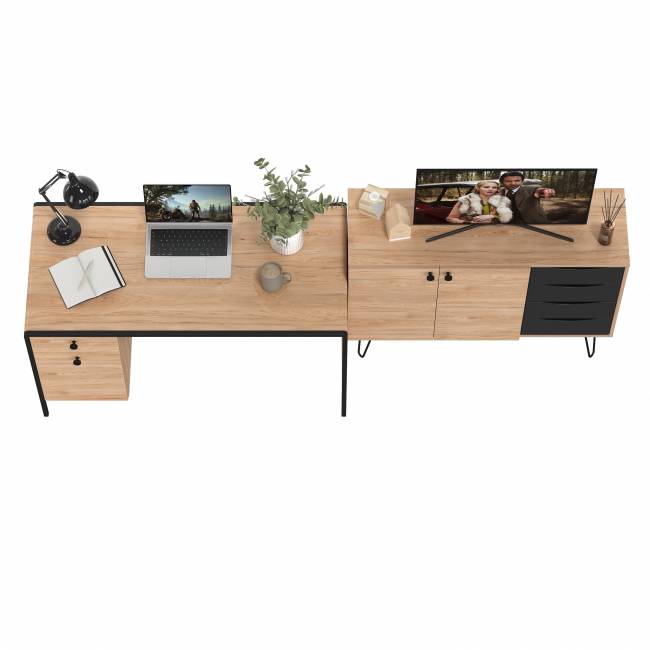 Брюс письменный стол с комодом цвет чёрный/Battle rock Santiago/столешница МДФ ель карпатская Брюс письменный стол с комодом цвет чёрный/Battle rock Santiago/столешница МДФ ель карпатская