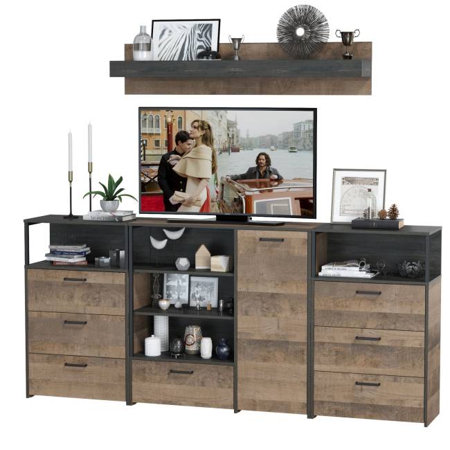 Два комода с ящиками с навесной полкой и комод с ящиком и дверкой в гостиную Трувор цвет дуб гранж песочный/интра