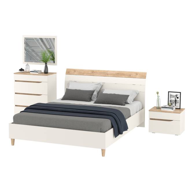 Кровать Муссон 1600 с ортопедическим основанием с тумбочкой и комодом с зеркалом цвет белый/дуб эндгрейн элегантный